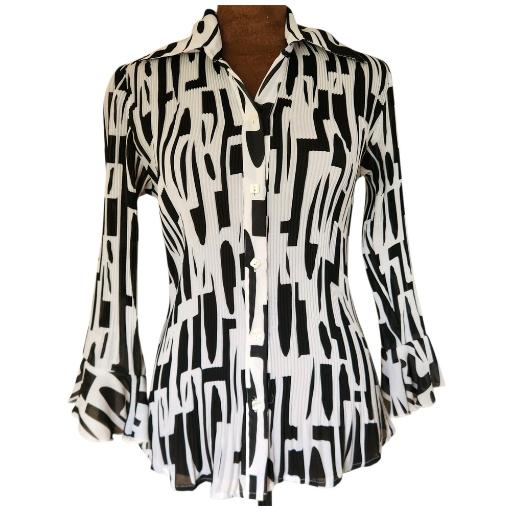 Y2K Dressbarn Crinkle Accordion Blouse Size S Button Down Bell Sleeve Retro